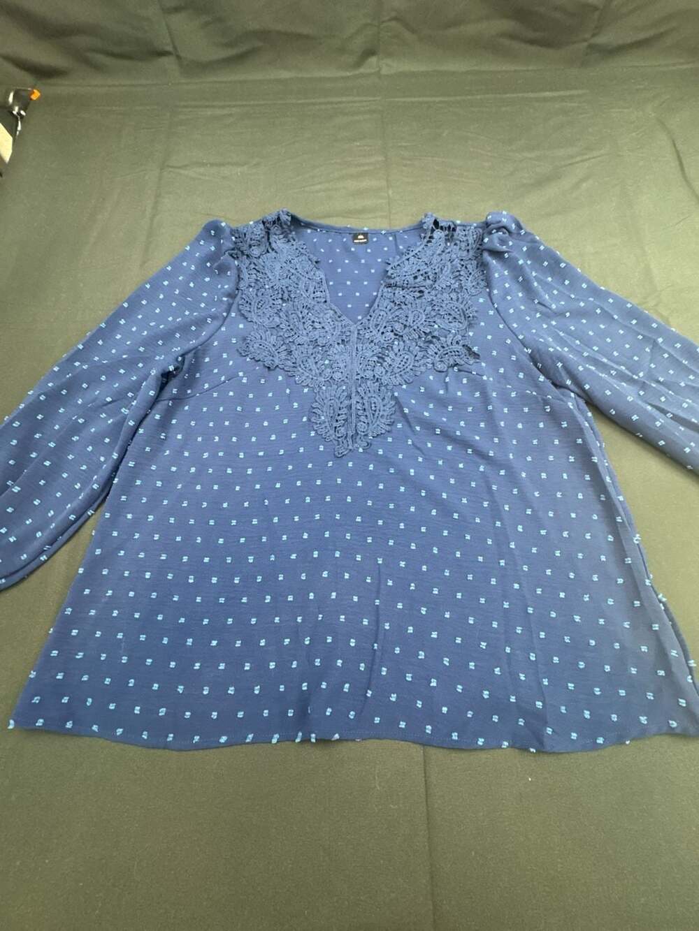 Swiss Dot Boho V-Neck Lace Trim Long Sleeve Blouse Blue XL
